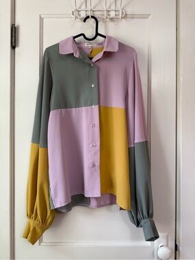 Ghospell Colorblock Button-Down Shirt - Lavender, Sage & Mustard